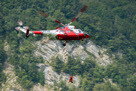 Mollis, Switzerland, August 18, 2023 Czech Air Force PZL Swidnik W-3 Sokol helicopter is performing during an air showのeditorial素材