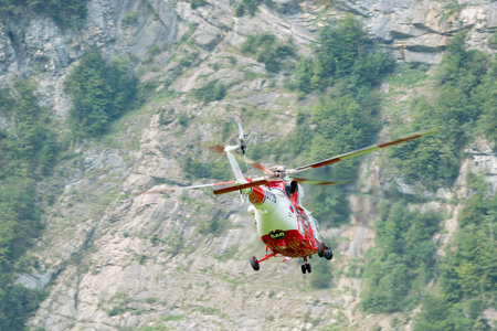 Mollis, Switzerland, August 18, 2023 Czech Air Force PZL Swidnik W-3 Sokol helicopter is performing during an air showのeditorial素材