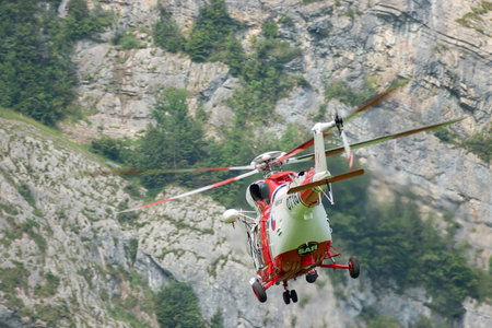 Mollis, Switzerland, August 18, 2023 Czech Air Force PZL Swidnik W-3 Sokol helicopter is performing during an air showのeditorial素材