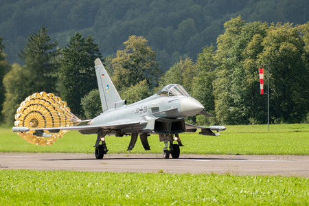 Mollis, Switzerland, August 18, 2023 Eurofighter Typhoon military jet is taxiing on the runway during an air displayのeditorial素材