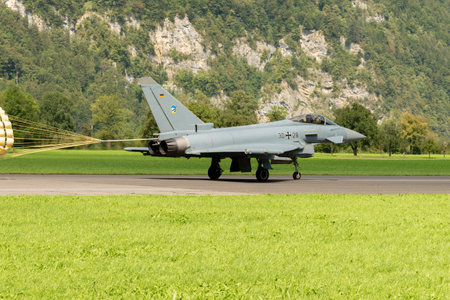 Mollis, Switzerland, August 18, 2023 Eurofighter Typhoon military jet is taxiing on the runway during an air displayのeditorial素材
