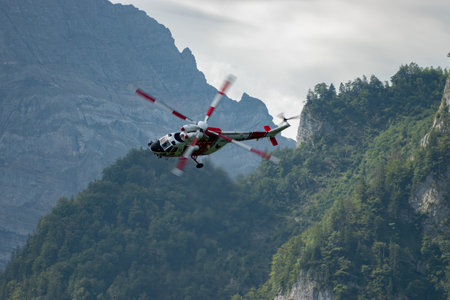 Mollis, Switzerland, August 18, 2023 Czech Air Force PZL Swidnik W-3 Sokol helicopter is performing...