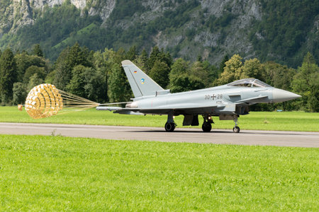 Mollis, Switzerland, August 18, 2023 Eurofighter Typhoon military jet is taxiing on the runway during an air displayのeditorial素材