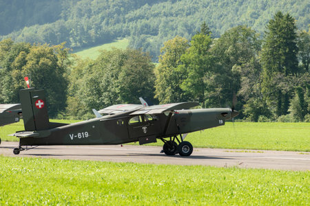 Mollis, Switzerland, August 18, 2023 Pilatus PC-6/B2 Turbo Porter propeller aircraft taxiing on the runwayのeditorial素材