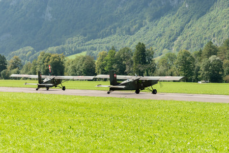 Mollis, Switzerland, August 18, 2023 Pilatus PC-6/B2 Turbo Porter propeller aircraft taxiing on the runwayのeditorial素材