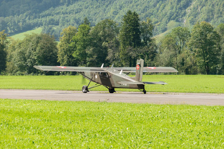 Mollis, Switzerland, August 18, 2023 Pilatus PC-6/B2 Turbo Porter propeller aircraft taxiing on the runwayのeditorial素材
