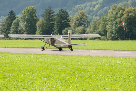 Mollis, Switzerland, August 18, 2023 Pilatus PC-6/B2 Turbo Porter propeller aircraft taxiing on the runwayのeditorial素材