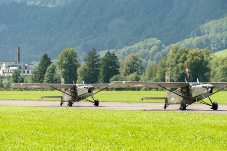 Mollis, Switzerland, August 18, 2023 Pilatus PC-6/B2 Turbo Porter propeller aircraft taxiing on the runwayのeditorial素材