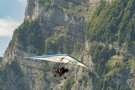 Mollis, Switzerland, August 18, 2023 Ultralight airplane is escorted with birds during an air displayのeditorial素材
