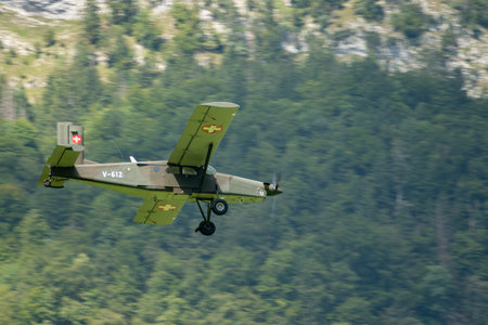 Mollis, Switzerland, August 18, 2023 V-612 Pilatus PC-6/B2-H2M-1 Turbo Porter aircraft during an air displayのeditorial素材