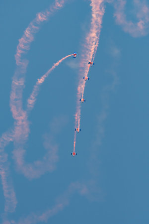 Mollis, Switzerland, August 18, 2023 RAF Falcons Parachuters are doing a performance with a lot of smoke during an air displayのeditorial素材