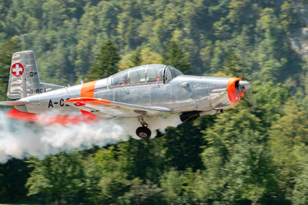 Mollis, Switzerland, August 18, 2023 HB-RCJ Pilatus P-3-05 historic propeller aircraft is taking off from runway 01のeditorial素材