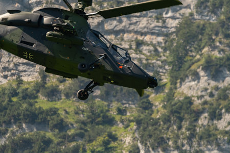 Mollis, Switzerland, August 18, 2023 Airbus Helicopter Tiger UHT is performing during an air displayのeditorial素材