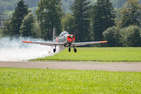 Mollis, Switzerland, August 18, 2023 HB-RCJ Pilatus P-3-05 historic propeller aircraft is taking off...