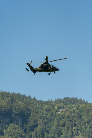 Mollis, Switzerland, August 18, 2023 Airbus Helicopter Tiger UHT is performing during an air displayのeditorial素材