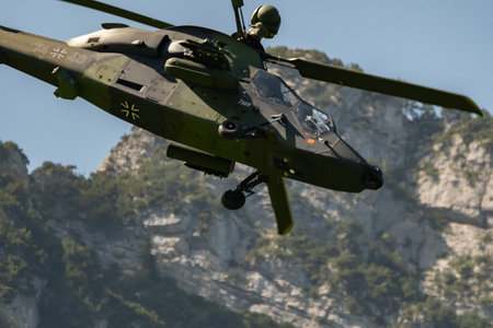 Mollis, Switzerland, August 18, 2023 Airbus Helicopter Tiger UHT is performing during an air displayのeditorial素材
