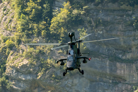 Mollis, Switzerland, August 18, 2023 Airbus Helicopter Tiger UHT is performing during an air displayのeditorial素材