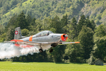Mollis, Switzerland, August 18, 2023 HB-RCJ Pilatus P-3-05 historic propeller aircraft is taking off from runway 01のeditorial素材
