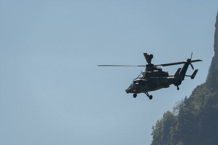Mollis, Switzerland, August 18, 2023 Airbus Helicopter Tiger UHT is performing during an air displayのeditorial素材