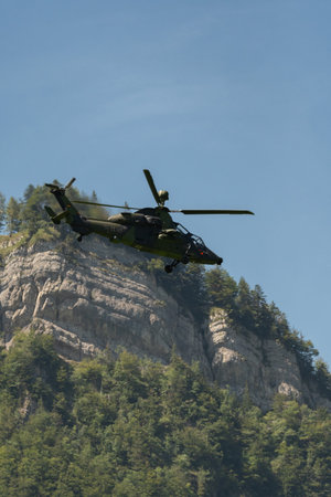 Mollis, Switzerland, August 18, 2023 Airbus Helicopter Tiger UHT is performing during an air displayのeditorial素材
