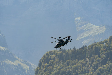Mollis, Switzerland, August 18, 2023 Airbus Helicopter Tiger UHT is performing during an air displayのeditorial素材