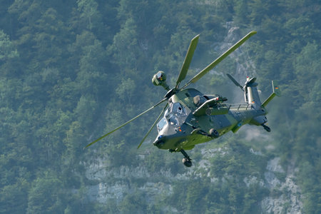 Mollis, Switzerland, August 18, 2023 Airbus Helicopter Tiger UHT is performing during an air displayのeditorial素材