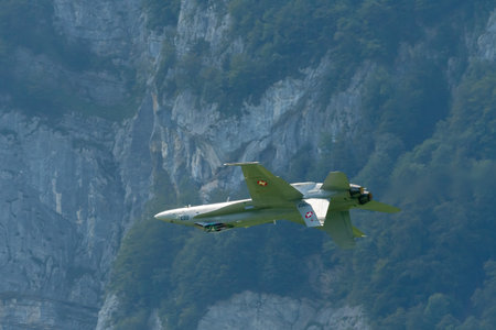 Mollis, Switzerland, August 18, 2023 Swiss military McDonnell Douglas F/A-18 hornet fighter is doing performances during an air displayのeditorial素材