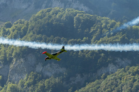 Mollis, Switzerland, August 18, 2023 SIAI Marchetti SF260 acrobatic aircraft during an air showのeditorial素材