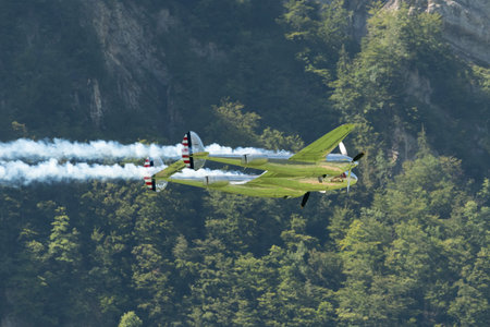 Mollis, Switzerland, August 18, 2023 N-25Y Lockheed P-38L Lightning historic aircraft during an air showのeditorial素材