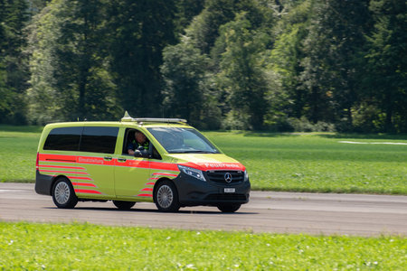 Mollis, Switzerland, August 18, 2023 Firefighter car is presented during an air showのeditorial素材