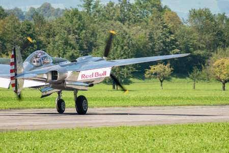 Mollis, Switzerland, August 18, 2023 N-25Y Lockheed P-38L Lightning historic aircraft is taxiing on the runwayのeditorial素材