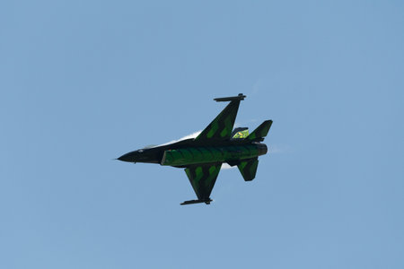 Mollis, Switzerland, August 18, 2023 Lockheed Martin F-16AM Falcon fighter is performing during an air displayのeditorial素材