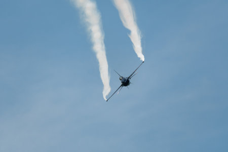 Mollis, Switzerland, August 18, 2023 Lockheed Martin F-16AM Falcon fighter is performing during an air displayのeditorial素材