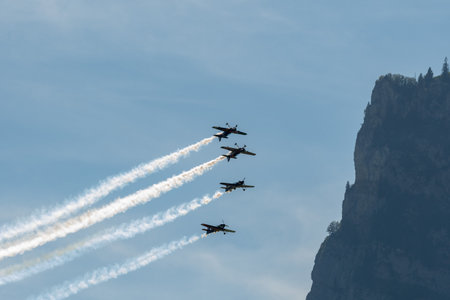 Mollis, Switzerland, August 18, 2023 The flying bulls acrobatic flight performances during an air displayのeditorial素材