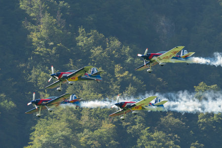 Mollis, Switzerland, August 18, 2023 The flying bulls acrobatic flight performances during an air displayのeditorial素材
