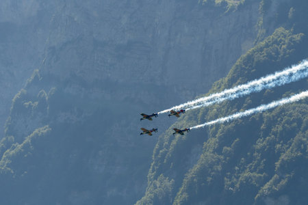 Mollis, Switzerland, August 18, 2023 The flying bulls acrobatic flight performances during an air displayのeditorial素材
