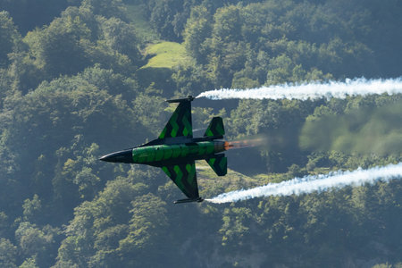 Mollis, Switzerland, August 18, 2023 Lockheed Martin F-16AM Falcon fighter is performing during an air displayのeditorial素材