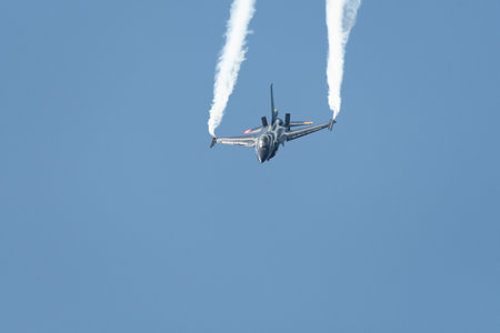 Mollis, Switzerland, August 18, 2023 Lockheed Martin F-16AM Falcon fighter is performing during an air displayのeditorial素材