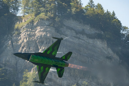 Mollis, Switzerland, August 18, 2023 Lockheed Martin F-16AM Falcon fighter is performing during an air displayのeditorial素材