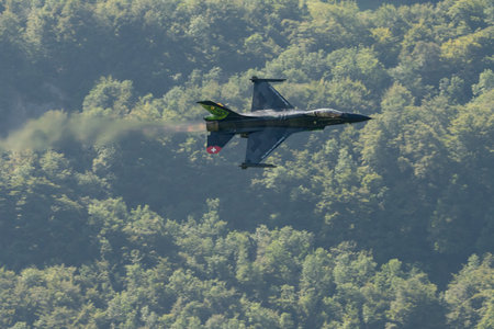 Mollis, Switzerland, August 18, 2023 Lockheed Martin F-16AM Falcon fighter is performing during an...