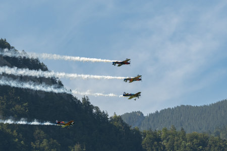 Mollis, Switzerland, August 18, 2023 The flying bulls acrobatic flight performances during an air displayのeditorial素材