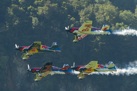 Mollis, Switzerland, August 18, 2023 The flying bulls acrobatic flight performances during an air displayのeditorial素材