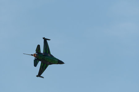 Mollis, Switzerland, August 18, 2023 Lockheed Martin F-16AM Falcon fighter is performing during an air displayのeditorial素材