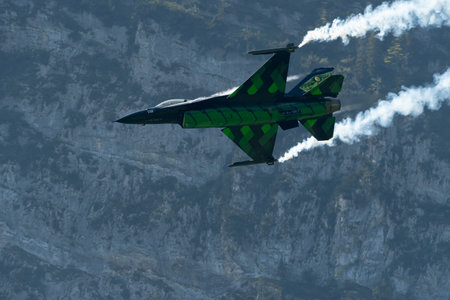 Mollis, Switzerland, August 18, 2023 Lockheed Martin F-16AM Falcon fighter is performing during an air displayのeditorial素材