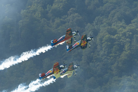 Mollis, Switzerland, August 18, 2023 The flying bulls acrobatic flight performances during an air displayのeditorial素材