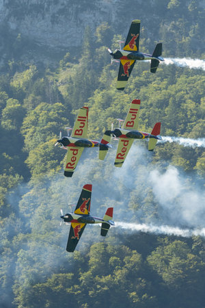 Mollis, Switzerland, August 18, 2023 The flying bulls acrobatic flight performances during an air displayのeditorial素材