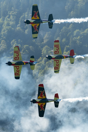 Mollis, Switzerland, August 18, 2023 The flying bulls acrobatic flight performances during an air displayのeditorial素材