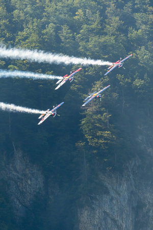 Mollis, Switzerland, August 18, 2023 The flying bulls acrobatic flight performances during an air displayのeditorial素材