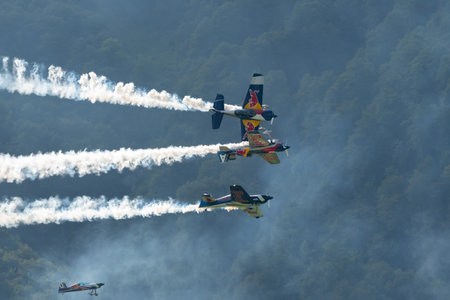 Mollis, Switzerland, August 18, 2023 The flying bulls acrobatic flight performances during an air displayのeditorial素材