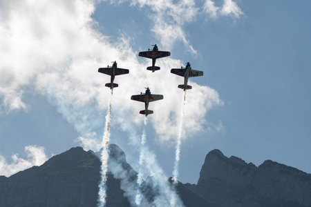 Mollis, Switzerland, August 18, 2023 The flying bulls acrobatic flight performances during an air displayのeditorial素材